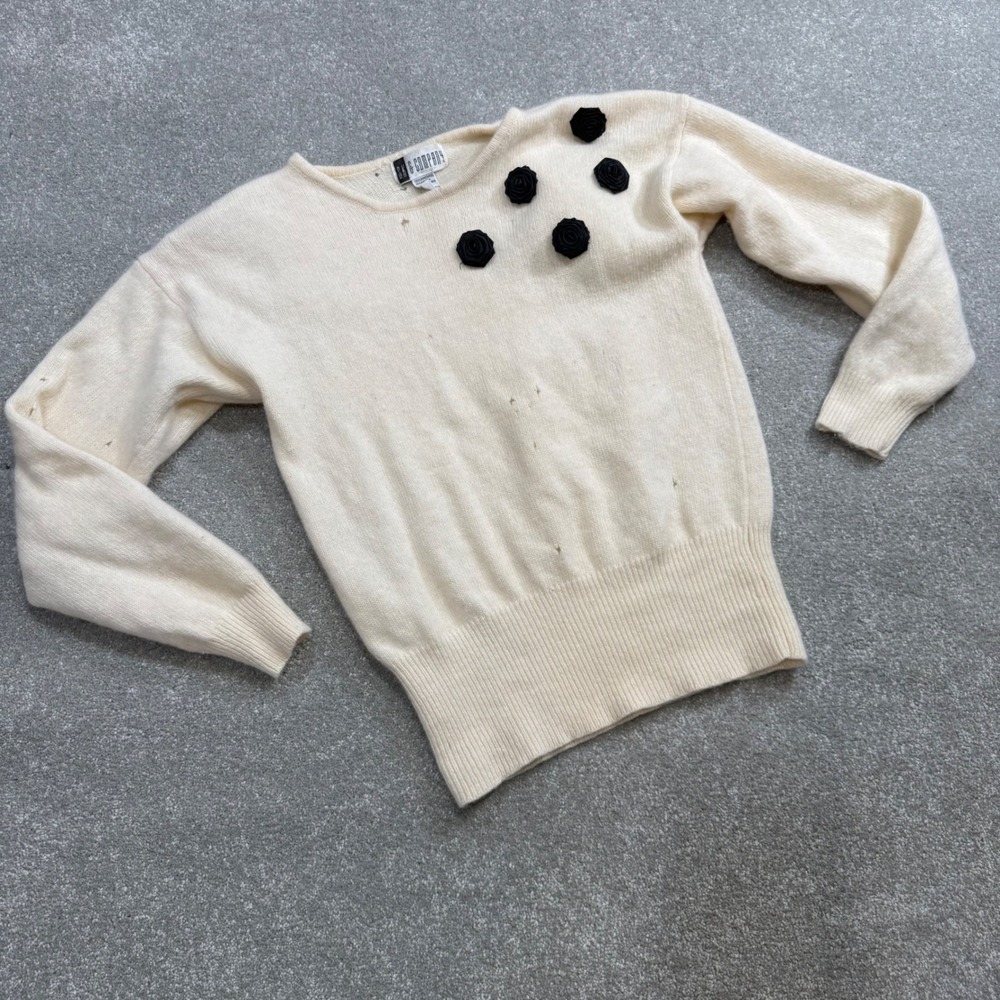Vintage Angora Lambswool Satin Rosette Sweater Cream Distressed‎ Medium Holes - Picture 5 of 12